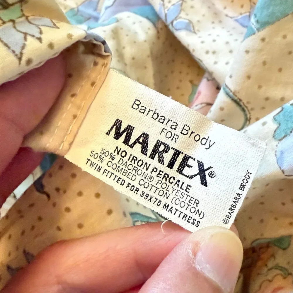 Barbara Brody Martex Twin Sheet Fitted Beige Peach Blue Meandering Vines Floral
